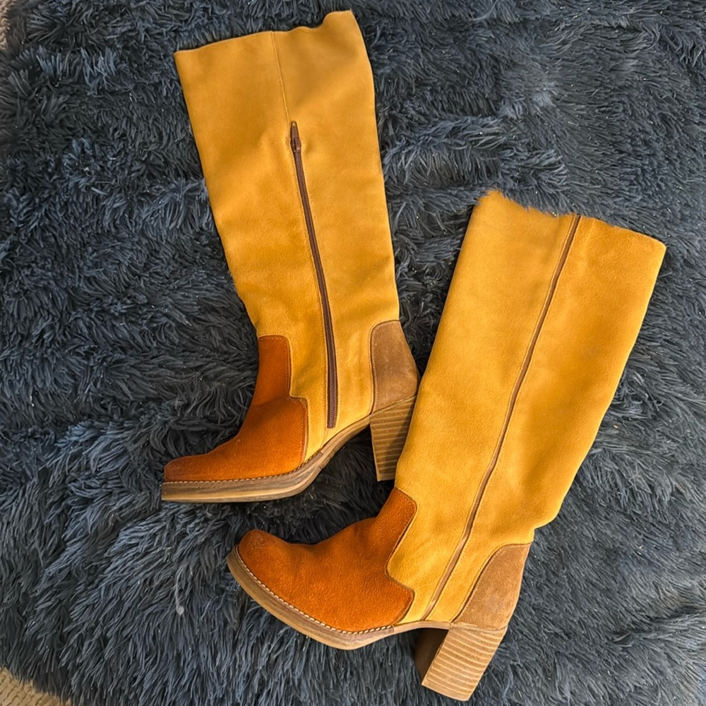 {mtng} Color block suede tall boots | yellow/orange/brown sz 37